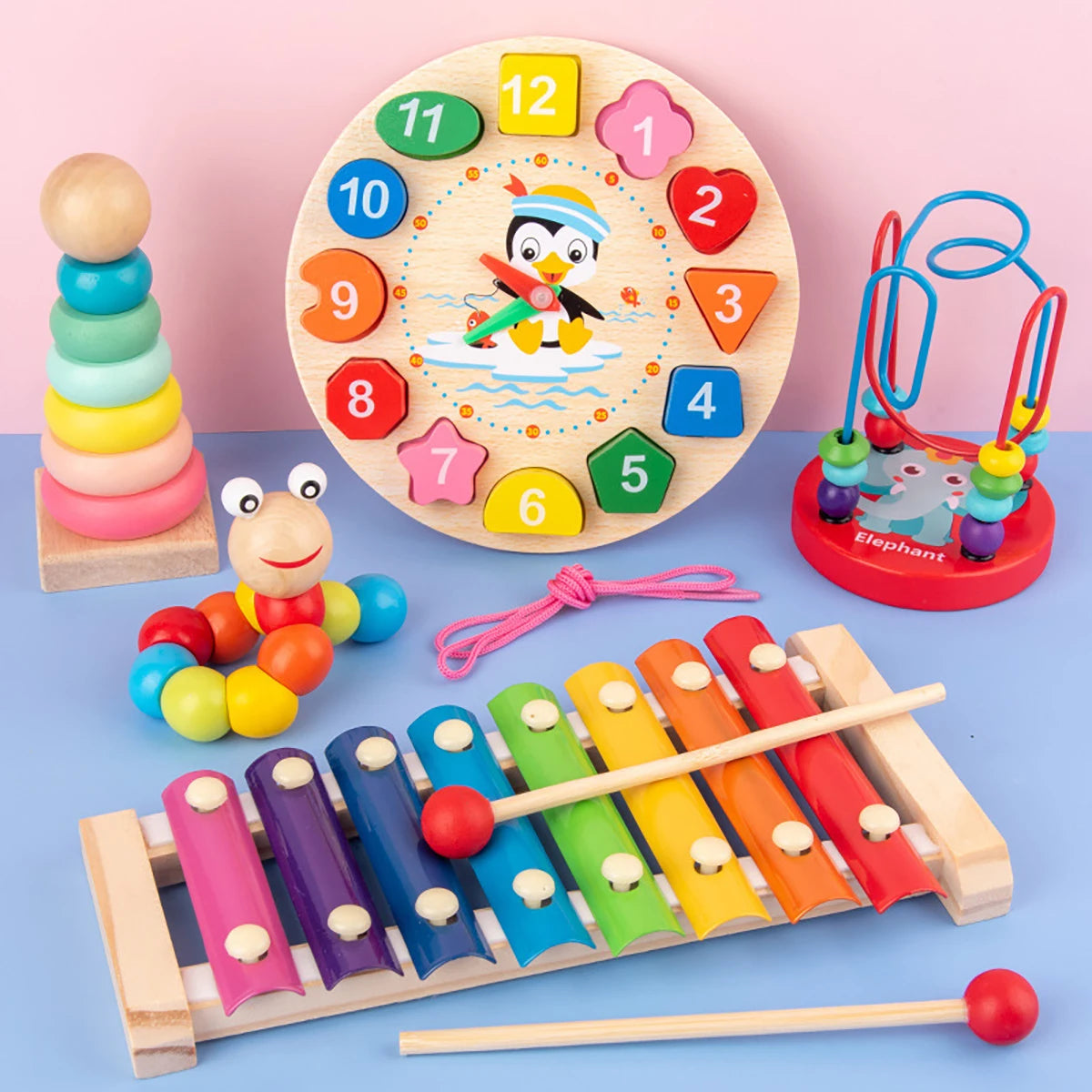 5PCS/6PCS Montessori Wooden Toy With Xylophone, Bell, Beads, Drum & Column Musical Instruments, Early Childhood Education Toy