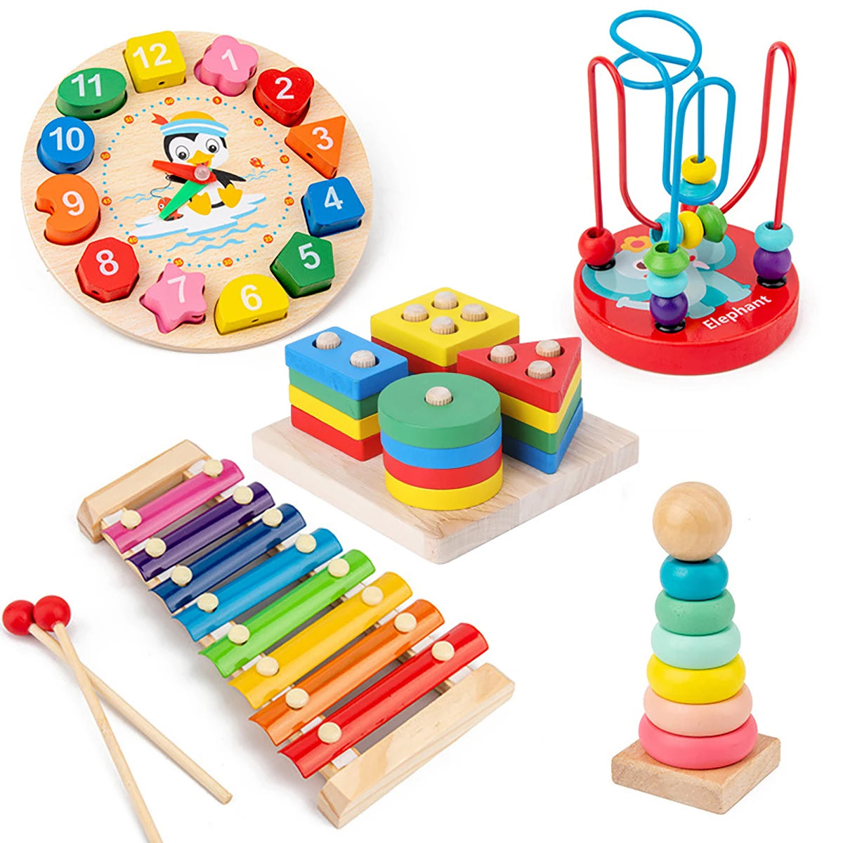 5PCS/6PCS Montessori Wooden Toy With Xylophone, Bell, Beads, Drum & Column Musical Instruments, Early Childhood Education Toy