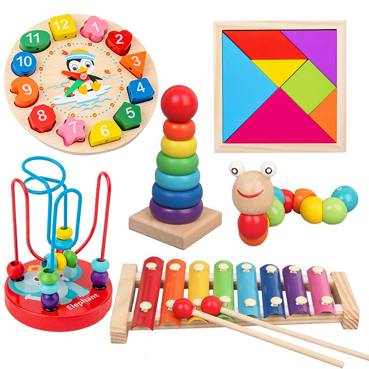 5PCS/6PCS Montessori Wooden Toy With Xylophone, Bell, Beads, Drum & Column Musical Instruments, Early Childhood Education Toy