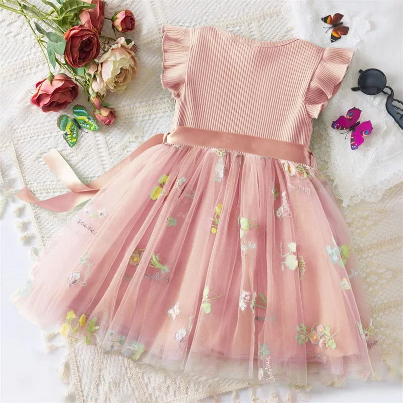 Baby Girl's Dress Flower Embroidery Mesh Splice Flying Sleeve Sweet Dress Fashion Girls Birthday Party Baby Clothes