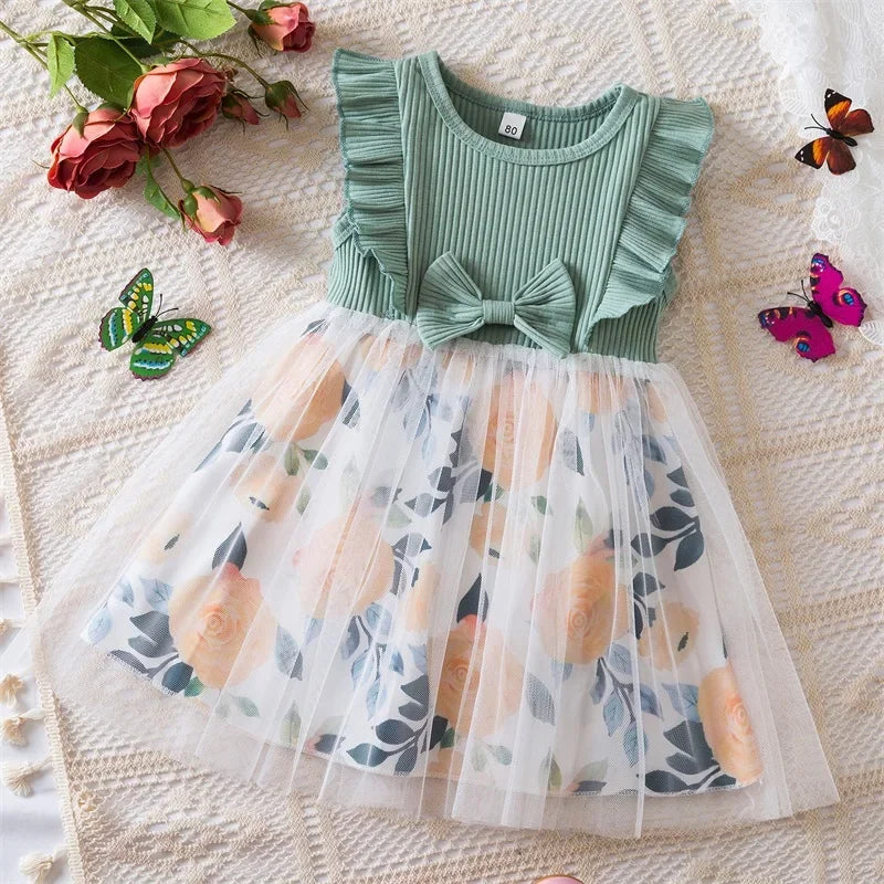 Baby Girl's Dress Flower Embroidery Mesh Splice Flying Sleeve Sweet Dress Fashion Girls Birthday Party Baby Clothes