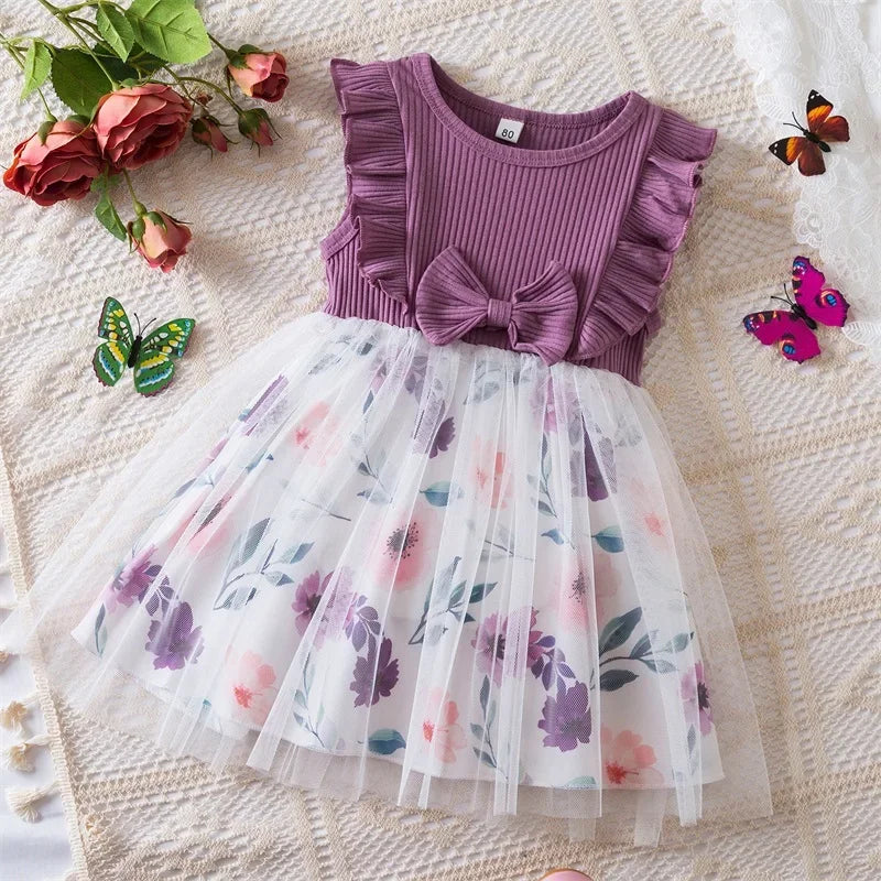 Baby Girl's Dress Flower Embroidery Mesh Splice Flying Sleeve Sweet Dress Fashion Girls Birthday Party Baby Clothes