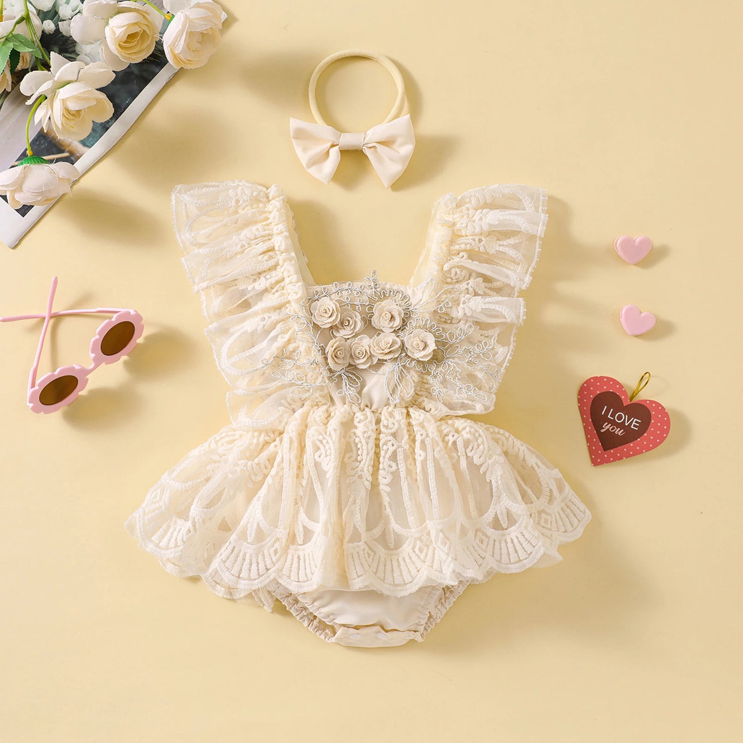 ma&baby 0-18M Princess Baby Girl Romper Newborn Infant Jumpsuit Summer Floral Lace Ruffle Clothes Headband Outfits