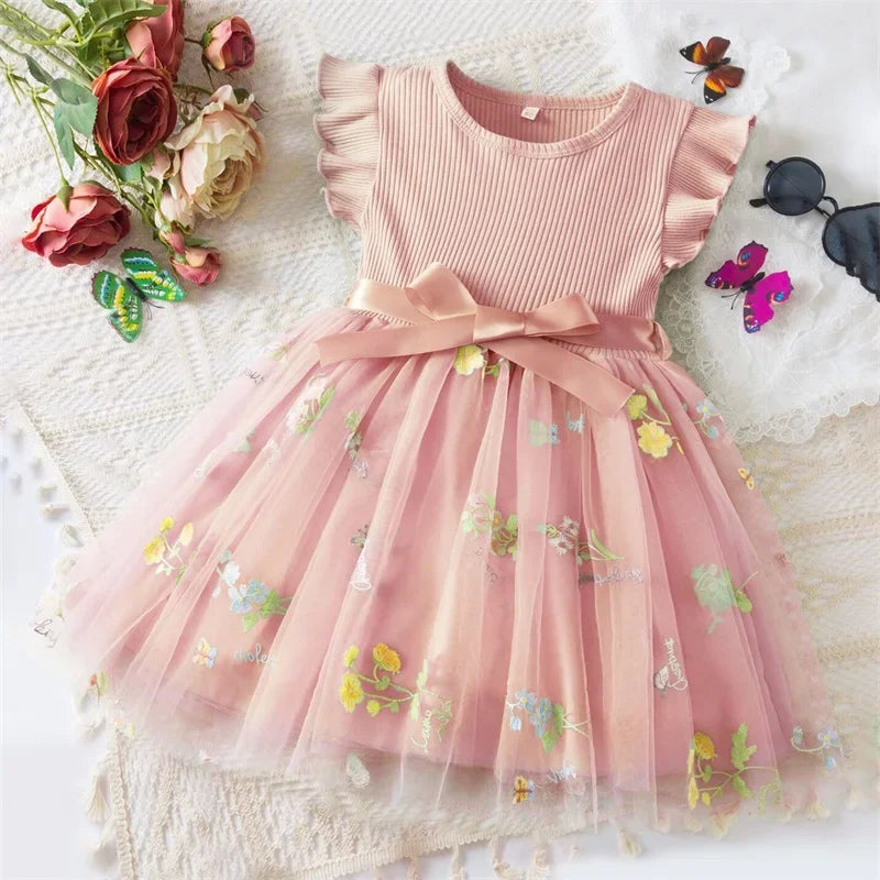 Baby Girl's Dress Flower Embroidery Mesh Splice Flying Sleeve Sweet Dress Fashion Girls Birthday Party Baby Clothes