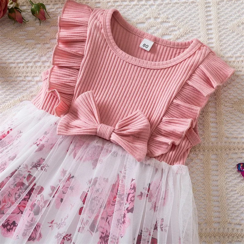 Baby Girl's Dress Flower Embroidery Mesh Splice Flying Sleeve Sweet Dress Fashion Girls Birthday Party Baby Clothes