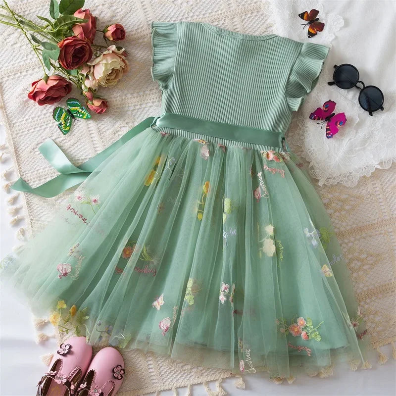 Baby Girl's Dress Flower Embroidery Mesh Splice Flying Sleeve Sweet Dress Fashion Girls Birthday Party Baby Clothes