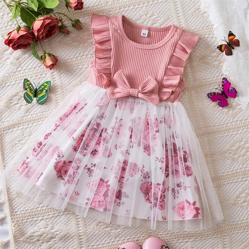 Baby Girl's Dress Flower Embroidery Mesh Splice Flying Sleeve Sweet Dress Fashion Girls Birthday Party Baby Clothes