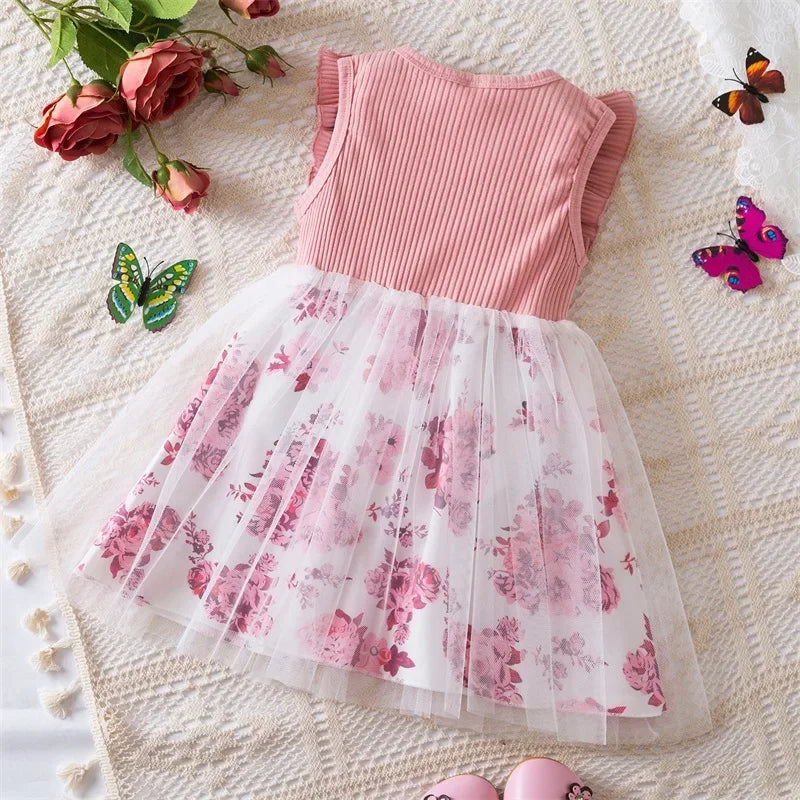 Baby Girl's Dress Flower Embroidery Mesh Splice Flying Sleeve Sweet Dress Fashion Girls Birthday Party Baby Clothes