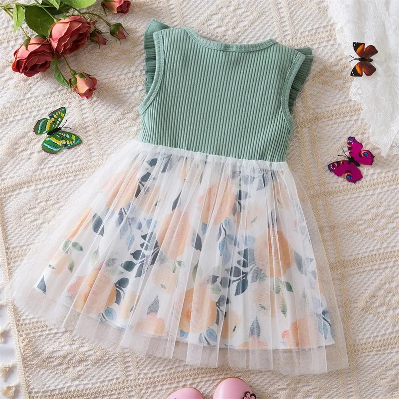 Baby Girl's Dress Flower Embroidery Mesh Splice Flying Sleeve Sweet Dress Fashion Girls Birthday Party Baby Clothes