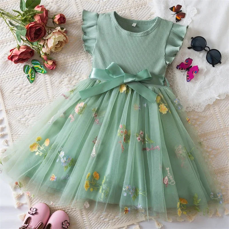 Baby Girl's Dress Flower Embroidery Mesh Splice Flying Sleeve Sweet Dress Fashion Girls Birthday Party Baby Clothes