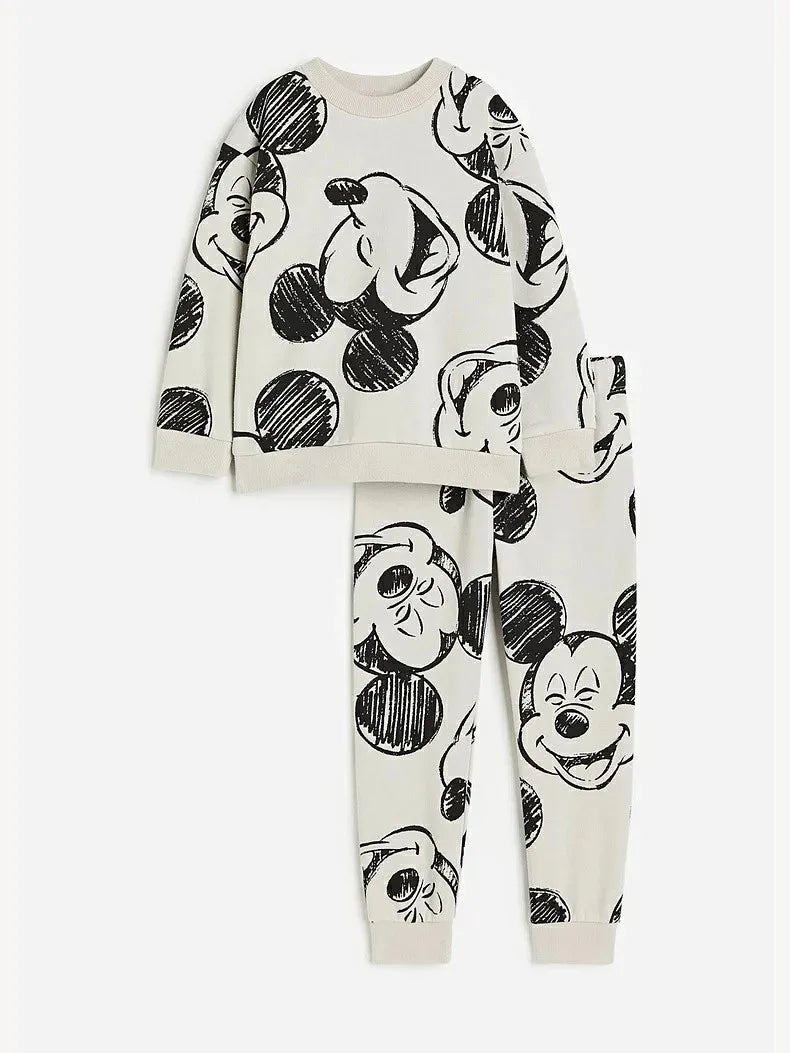 Mickey Full Print Sweatshirt +Pants Casual Fashion Long Sleeve Outfits Children Boys Round Neck Tops Loose Trousers 2 Piece/Set