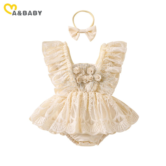 ma&baby 0-18M Princess Baby Girl Romper Newborn Infant Jumpsuit Summer Floral Lace Ruffle Clothes Headband Outfits