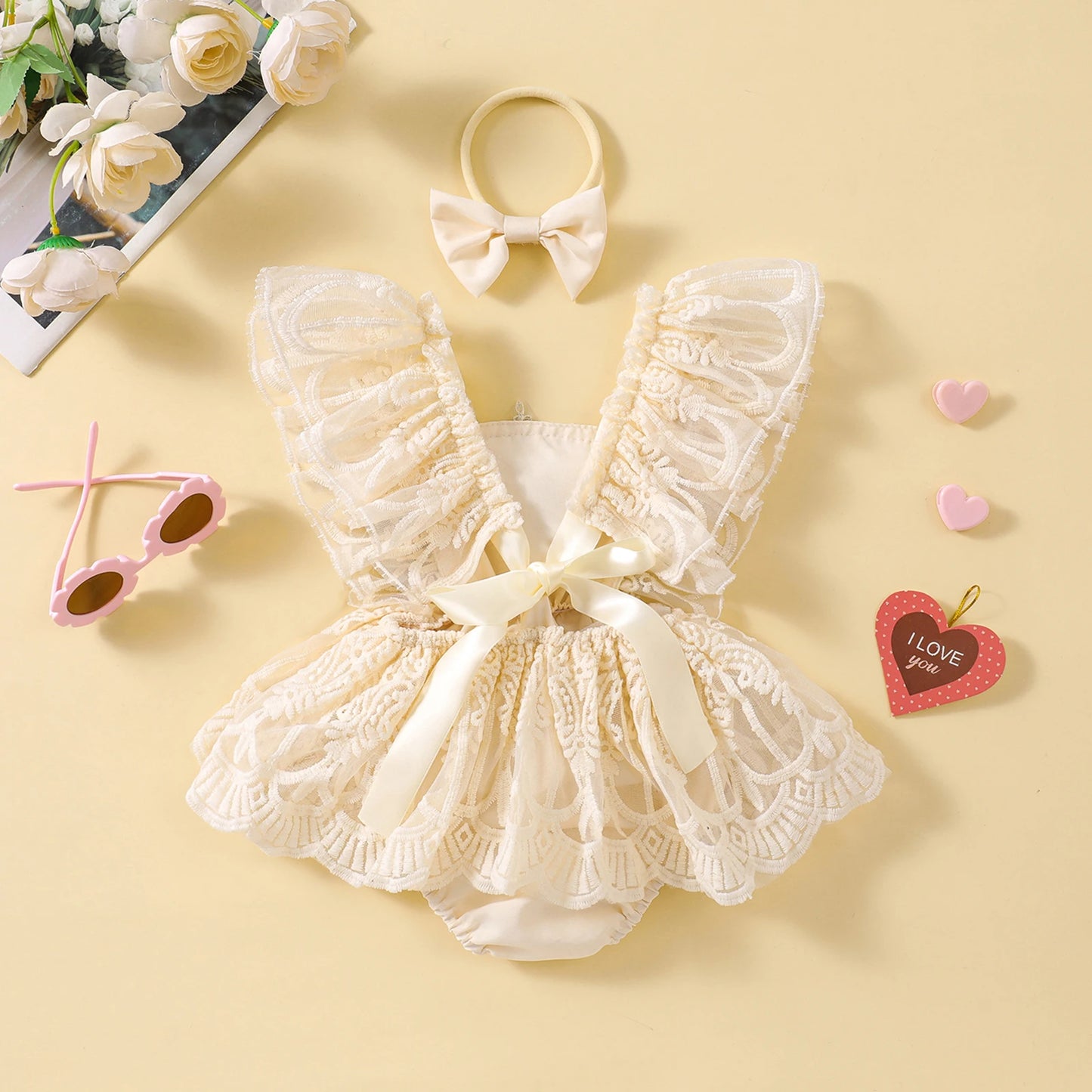 ma&baby 0-18M Princess Baby Girl Romper Newborn Infant Jumpsuit Summer Floral Lace Ruffle Clothes Headband Outfits